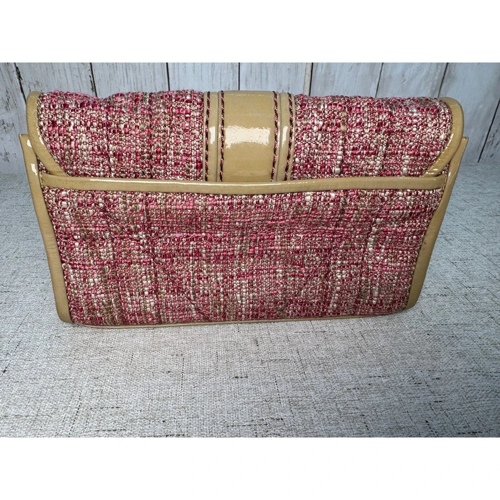 Brighton Tweed & Patent Leather Clutch Pink/Gold Silver Flower Brooch – No Strap - Picture 2 of 10